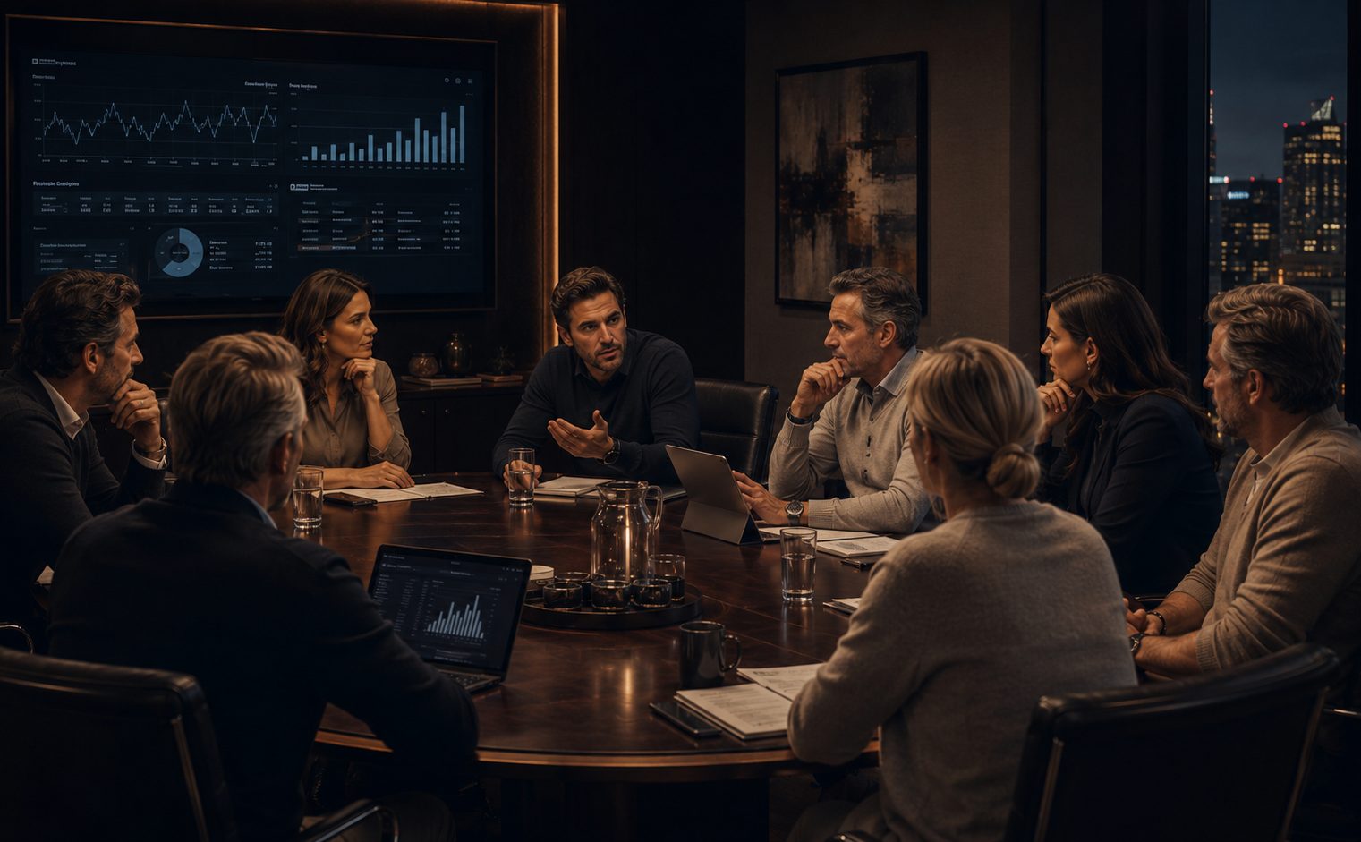 Business owners in a boardroom meeting reviewing live profit dashboards